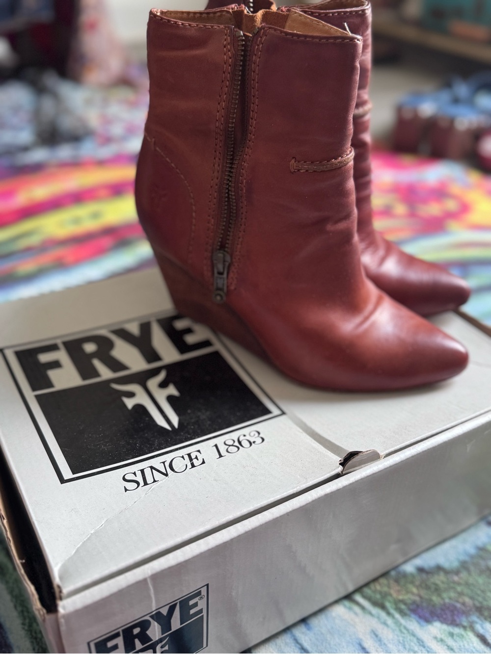 Frye Women's Red-Brown Leather Wedge Ankle Boots
